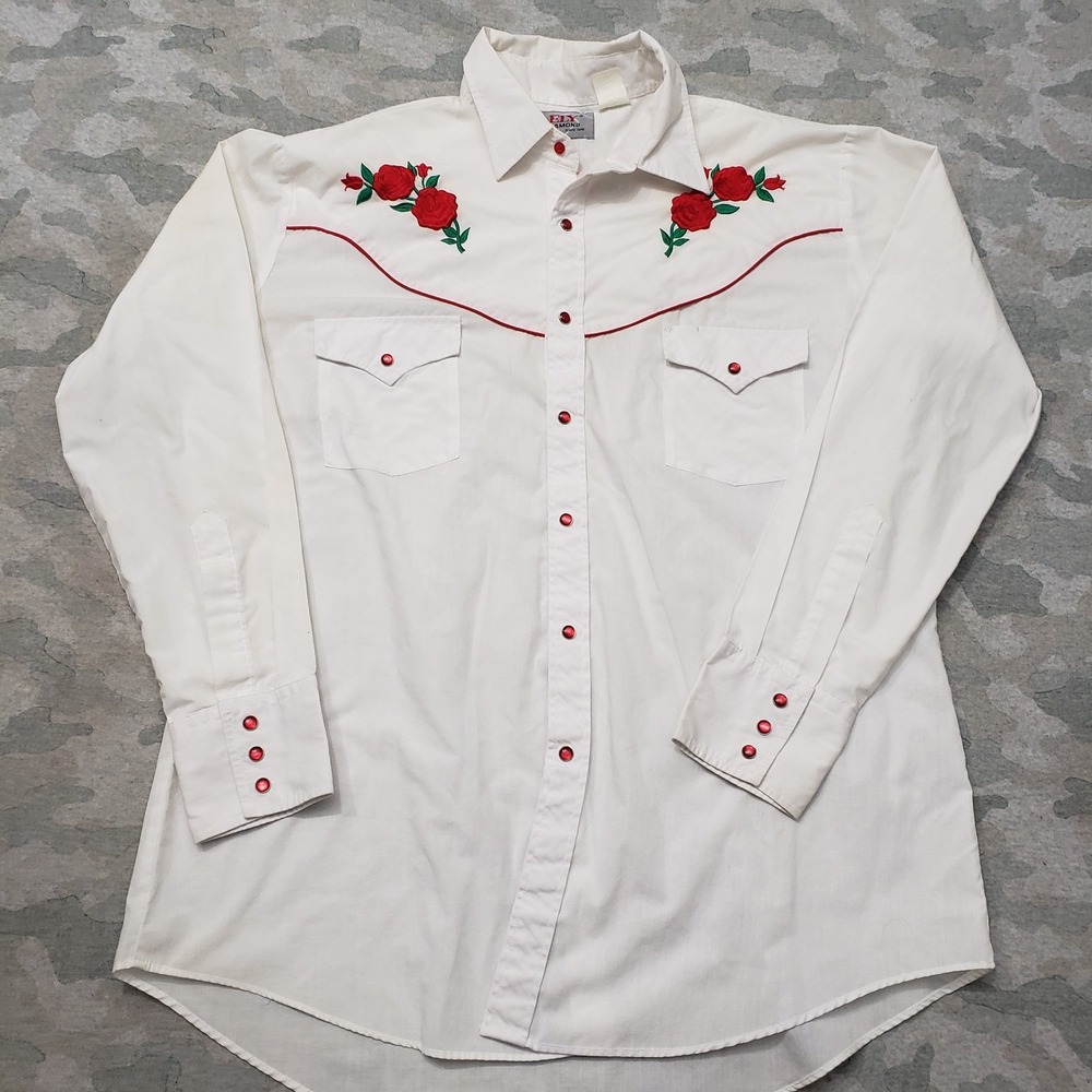 Vintage Ely Diamond Shirt Mens Large White Pearl Snap Embroidered Rose Cowboy